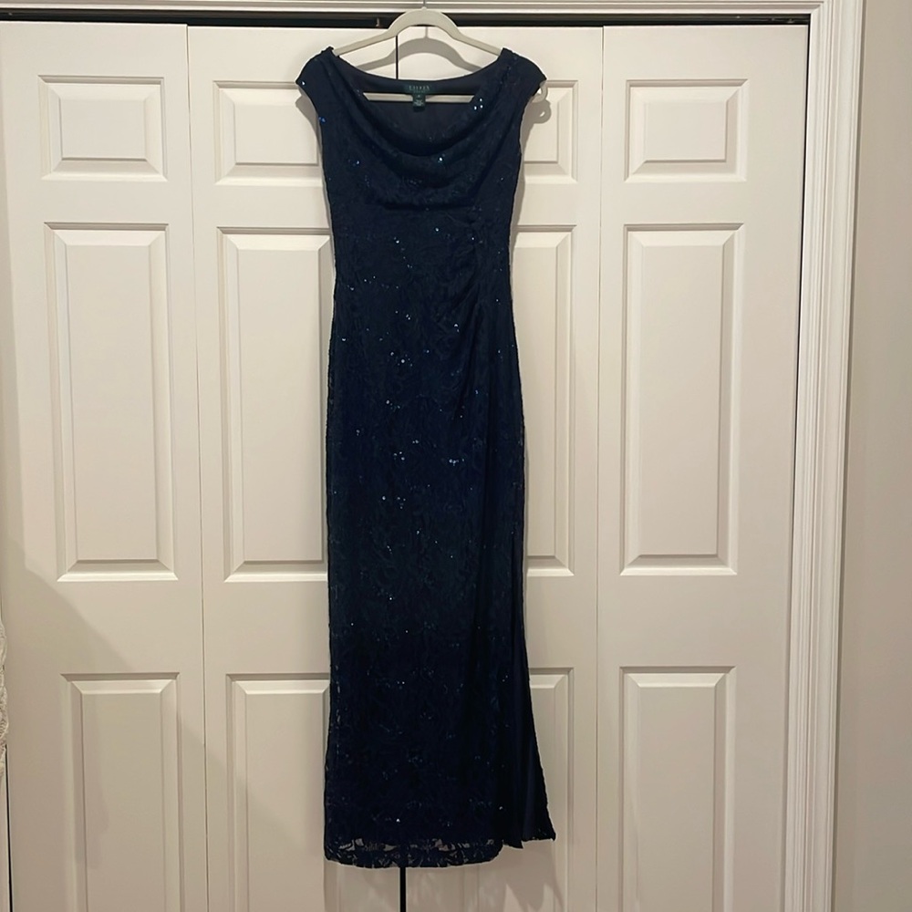 LAUREN - RALPH LAUREN EVENING.  Navy lace and sequin long gown